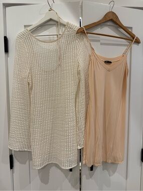 Crochet Cream Knit Tunic Sweater & Peach Slip Dress Duo- dress or cover up